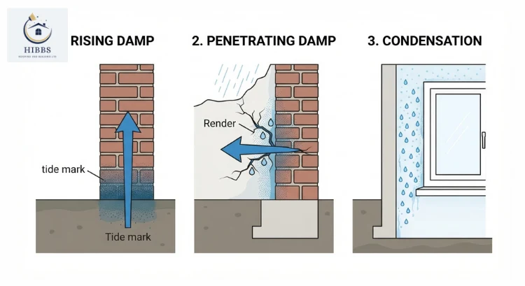 Diagram comparing rising damp, penetrating damp, and condensation