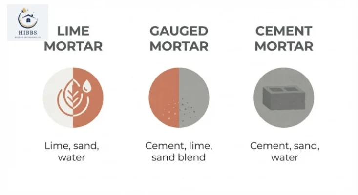 lime mortar, gauged mortar, and cement mortar compared