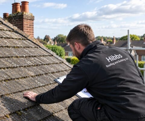 Hibbs Roofer Inspecting Weathered Tiles
