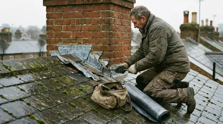 Lead flashing on chimney stack