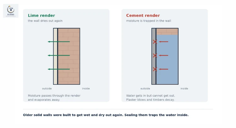 Lime render lets a solid wall dry out while cement render traps moisture