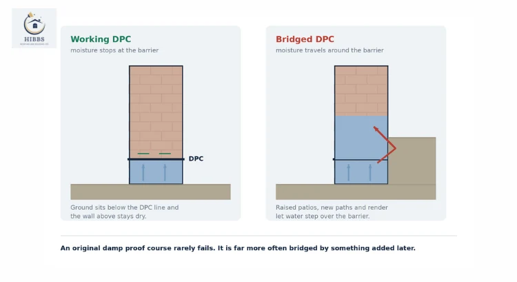 A working damp proof course compared with one bridged by raised ground.